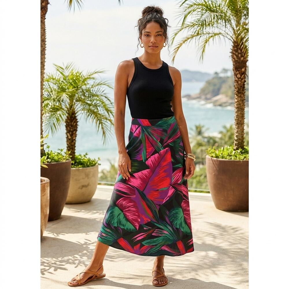 FARM Rio Midnight Leaves Twill Midi Skirt NWT Tropical Banana Leaf Botanical M